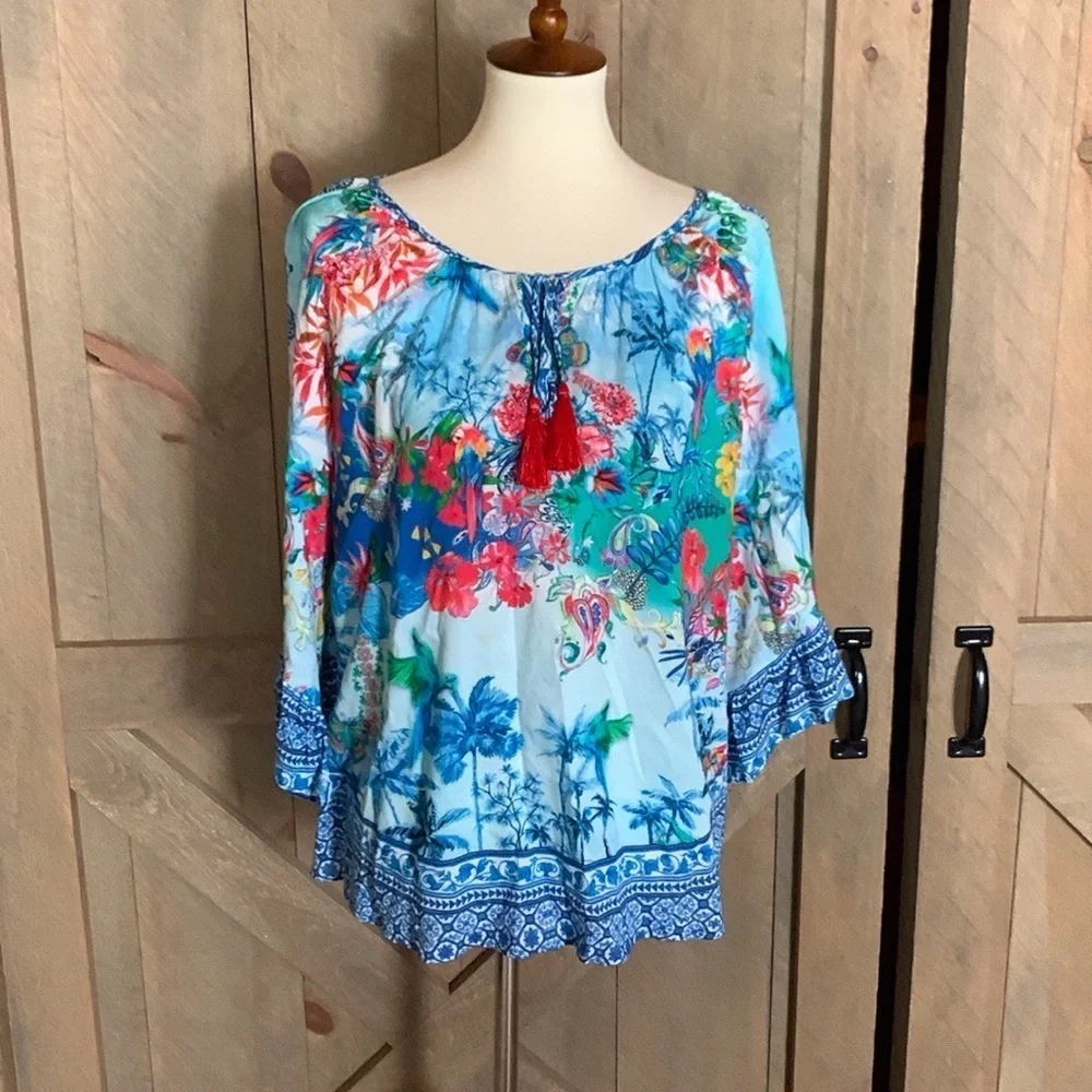 Lulalife colorful rayon blouse with tassel ties Size Small